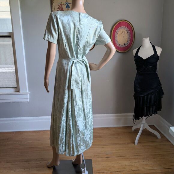 Vintage 90s Sarah Richards Maxi Dress Sage Green Floral Embossed Cottagecore 11 - Picture 4 of 14